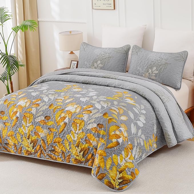 WONGS BEDDING Gold Quilt Set Queen Size, 3 Pieces Grey Gold Floral Bedspread Coverlet Set, Soft Microfiber Lightweight Floral Bedding Set Queen 96"×90"