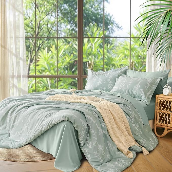 MUXHOMO King Comforter Set 7 Pieces, Sage Green Elegant Floral Print Bed in a Bag King, Ultra Soft & Breathable Reversible Botanical Pattern Bedding Set with Comforter, Sheets, Pillowcases, and Shams