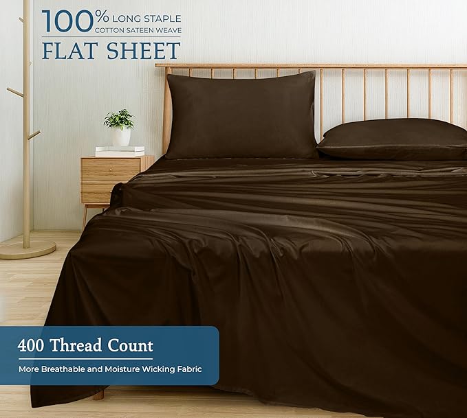 400 Thread Count 100% American Grown Cotton Chocolate Flat Sheet Only - Cooling Sheets - Luxury Sateen Weave - Full Size Flat Sheet Sold Separately - Super Soft Cotton Top Sheets (Full, Hazel Nut)