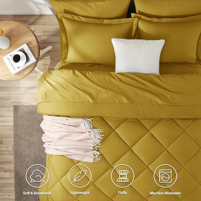 CozyLux Full Size Comforter Sets Mustard Yellow - 7 Pieces Bed in a Bag Full, Luxury Soft Bed Set for All Seasons, Bedding Set with Down Alternative Comforter, Sheets, Pillowcases & Shams