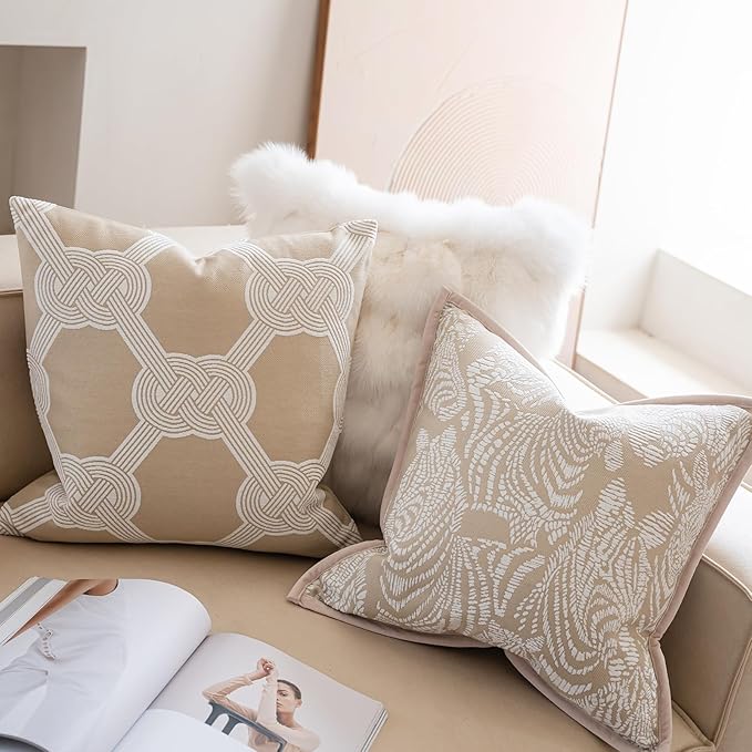 Premium Throw Pillow Covers 20x20 Inches - Oatmeal Gordian Knot Accent Chenille Jacquard Embroidery Decorative Couch Pillow Covers for Living Room Bedroom Sofa Home Décor