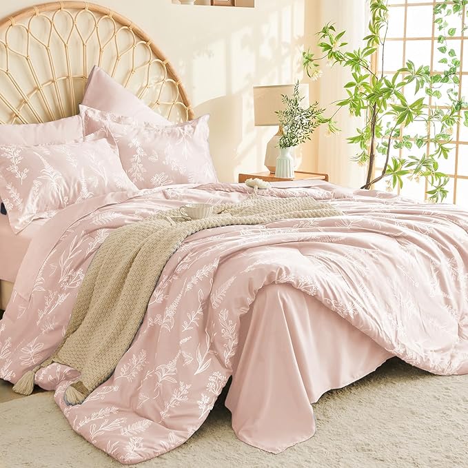 MUXHOMO Cameo Pink Cal King Comforter Set, Elegant Floral Print Bed in a Bag 7 Pieces, Ultra Soft & Breathable Reversible Botanical Pattern Bedding Set with Comforter, Sheets, Pillowcases, and Shams
