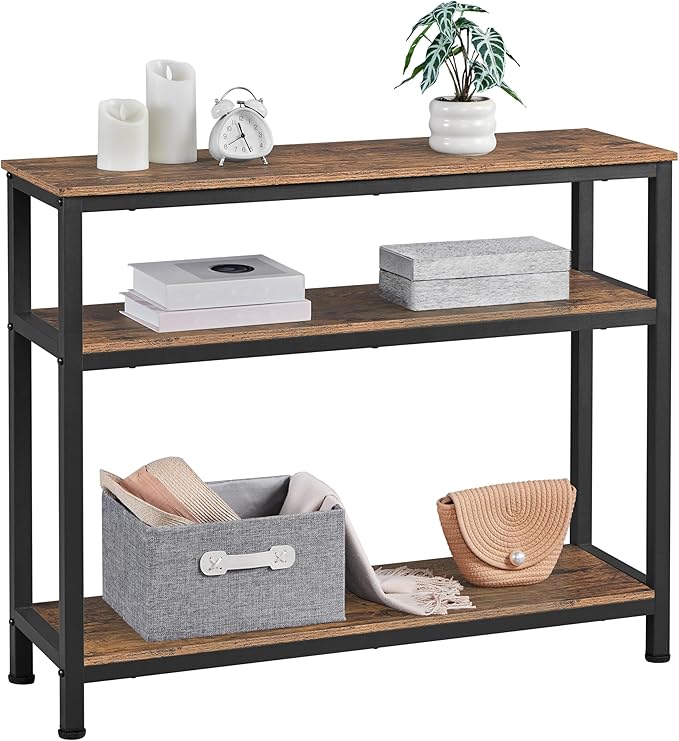 Yaheetech Industrial Console Table, 3 Tier Entryway Table with Storage Shelves, Narrow Sofa Tables for Living Room, Foyer, Hallway, Entrance, Metal Frame, Rustic Brown
