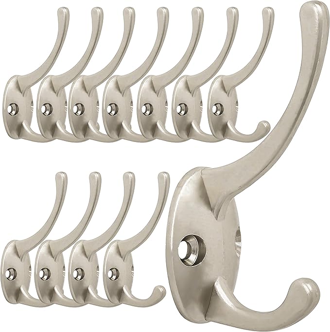 IBosins 12 Pack Silver Coat Hooks Wall Mounted with 24 Screws Retro Double Hooks Utility Silver Hooks for Coat, Scarf, Bag, Towel, Key, Cap, Cup, Hat