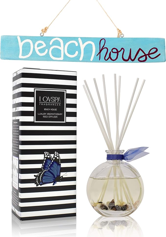 LOVSPA Reed Diffuser Set, Beach House Scented Oil Diffuser with Sticks, Home Fragrance Accessories for Bathroom Shelf Decor, Aroma Diffusers for Home or Office Desk, USA Made