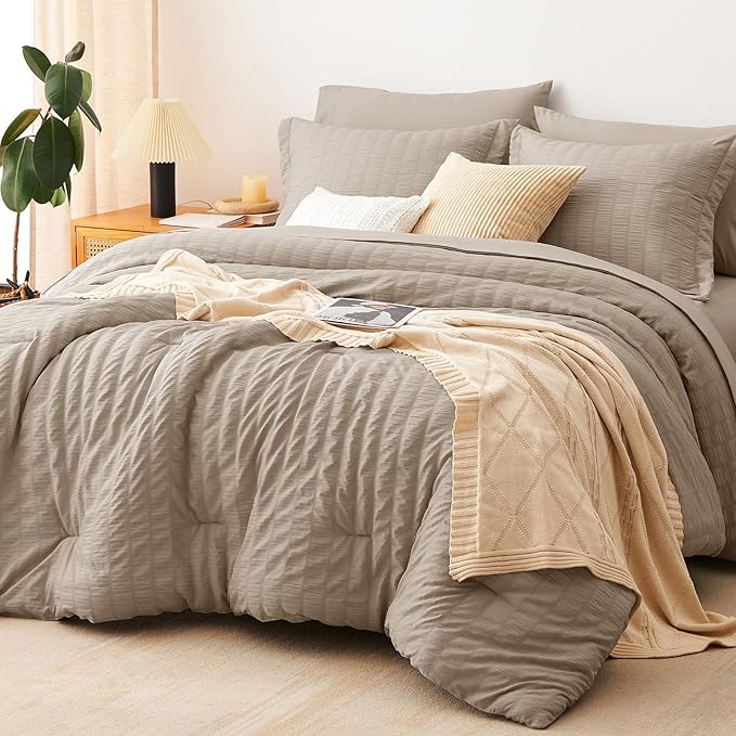 CozyLux Full Size Comforter Sets with Sheets Seersucker 7 Pieces Khaki Bed in a Bag Textured Luxury Soft Bedding Set with Down Alternative Comforter, Sheets, Pillowcases & Shams for All Seasons
