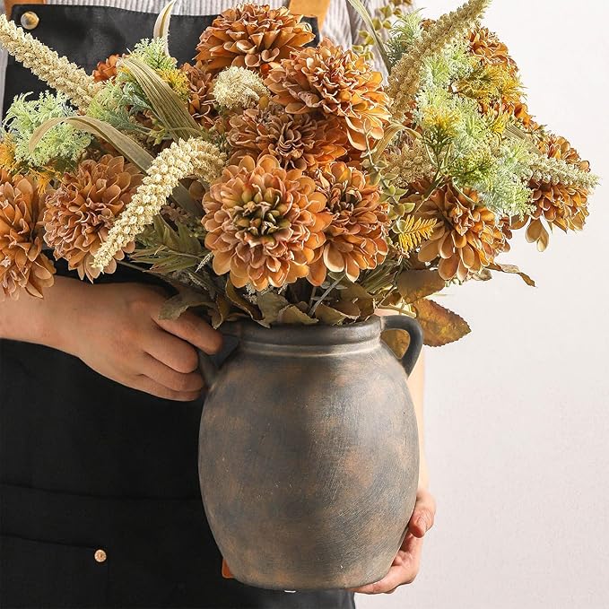 Ceramic Flower Vase 7.6 inch Farmhouse Rustic Vase Decorative Pottery Terracotta Vases for Home Decor Table Mantle Fireplace Living Room Bathroom Wedding Centerpiece (Black)