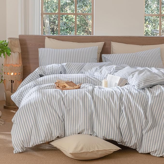 MooMee Striped Duvet Cover Set 100% Washed Cotton Linen Like Textured Breathable Durable Soft Comfy (Cornflower Blue White Classic Stripes, Full 80"x90")
