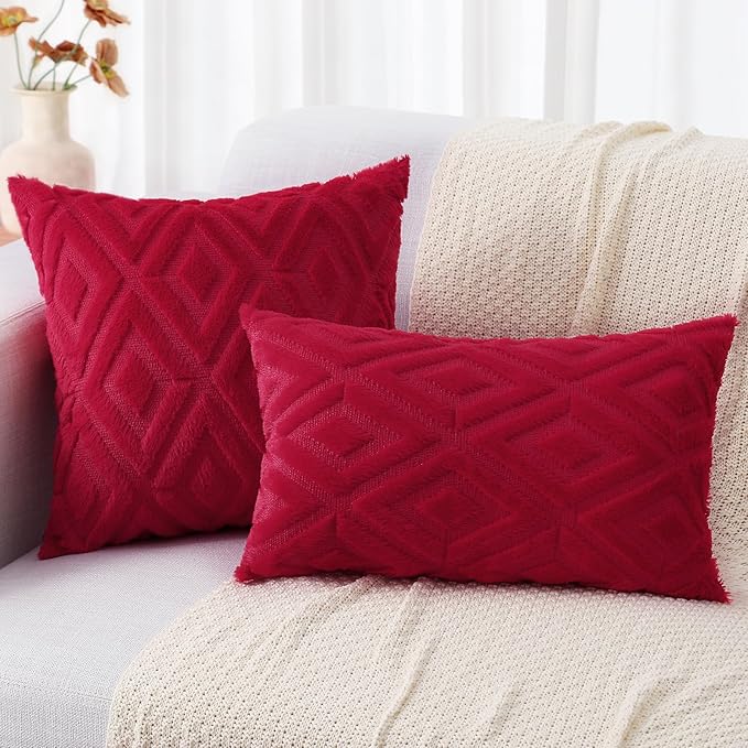 decorUhome Christmas Couch Throw Pillow Covers 24x24 Set of 2, Decorative Soft Plush Faux Wool Neutral Accent Pillow Covers for Bed Sofa Living Room, Red