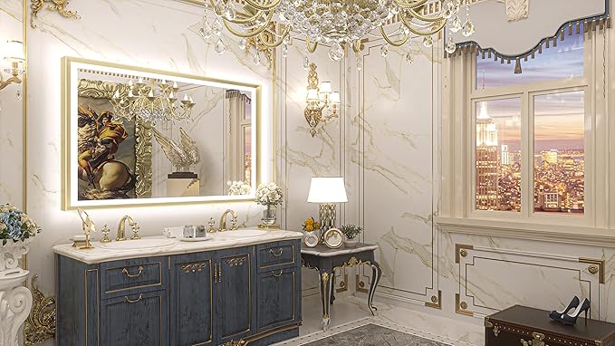 TETOTE LED Bathroom Mirror with Lights Gold Metal Framed 40x24 Frontlit & Backlit Vanity Mirror Baroque Antifog Stepless Dimmable White/Warm/Natural,CRI90+,Waterproof,Wall Mounted(Horizontal/Vertical)