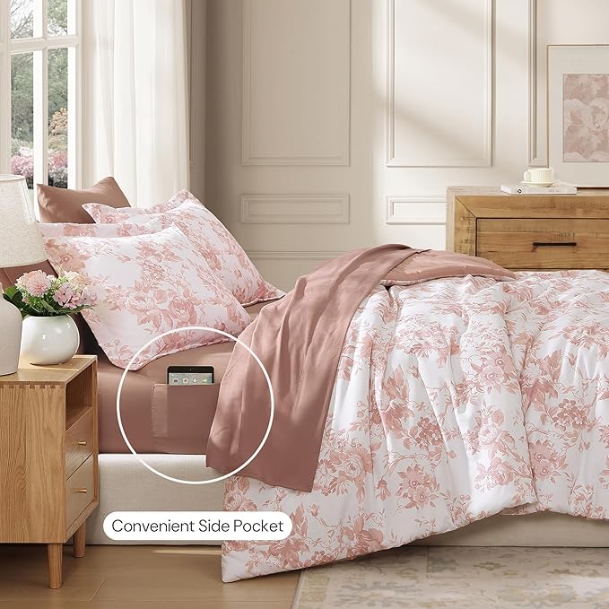 King Comforter Set -7 Pieces Pink Floral Comforter Set for All Seasons, Bed in a Bag King with Botanical Flowers Comforter, Sheets, Pillowcases & Shams