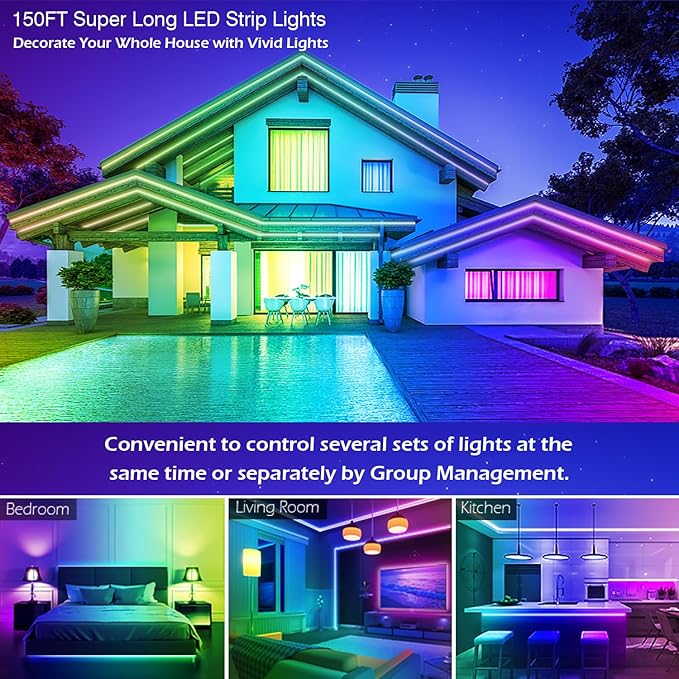 Led Strip Lights, 150ft/45m Long Smart Led Light Strips Music Sync 5050 RGB Color Changing Rope Lights,Bluetooth APP/IR Remote/Switch Box Control Led Lights for Bedroom,Home Decoration,Party,Festival