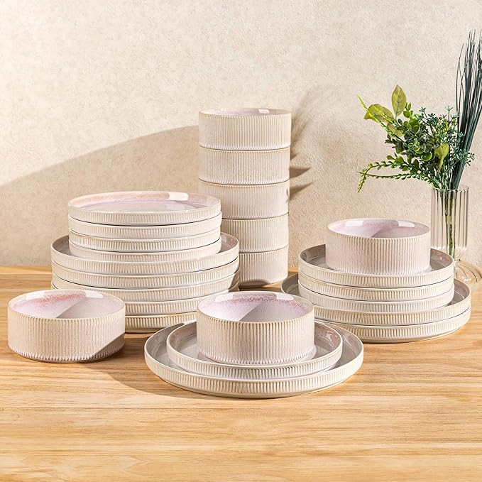 TheTerra Ceramic Dinnerware Sets for 8, 24 Pieces Porcelain Lightweight Speckled Plates and Bowls Sets, Scratch Resistant Dish Set, Oven & Microwave & Dishwasher Safe, Primrose Pink