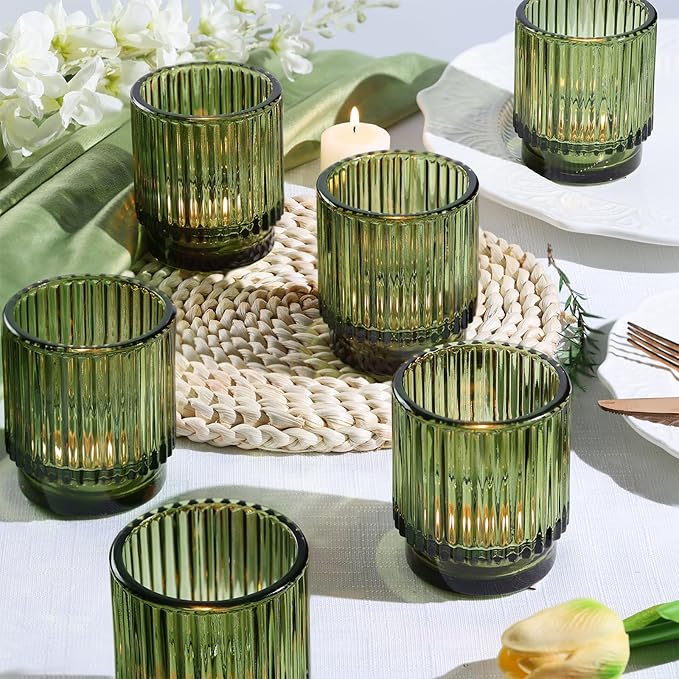DEVI 8pcs Large Green Votive Candle Holders for Wedding Centerpieces, Glass Tea Lights Candle Holder Decor, Wedding Bridal Shower Party Table Decor, Vintage Boho Easter Decor for Table Centerpiece