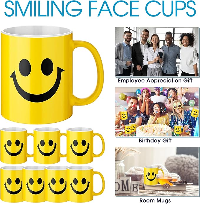 Hushee 8 Pcs Smile Face Coffee Mugs Bulk 11 oz Ceramic Happy Face Cup Yellow Coffee Mug Birthday Party Gifts Funny Supplies