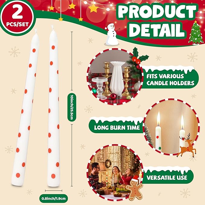 2 Pack Christmas Taper Candles, 10 Inch Unscented Candlesticks with Red Polka Dots for Holiday Table Centerpiece, Fireplace Mantel, Advent Wreaths, Winter Weddings, Home Decor