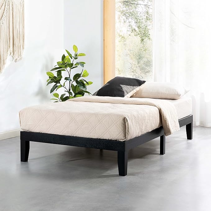 Mellow Naturalista Classic 12 Inch Solid Wood Platform Bed with Wooden Slats, Twin XL, Black