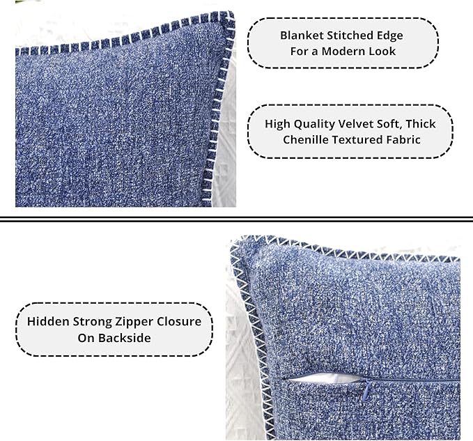 24x24 Pillow Covers Set of 2 Navy Blue Soft Textured Chenille, Soft Cozy Large Cushion Covers for Couch, Modern Square Big Pillowcases, Decorative Farm House Oversized Euro Shams Sofa Pillow Covers