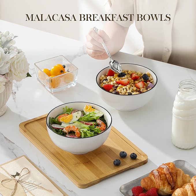 MALACASA Porcelain Soup Bowls, White Ceramic Cereal Bowls for Kitchen, Dishwasher and Microwave Safe, Series Regular 26Oz