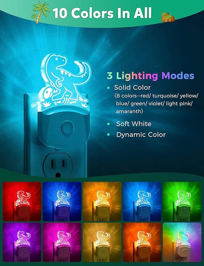 Dinosaur Night Light for Kids [2 Pack], 8 Color Changing Plug in Night Lights for Baby with Dusk to Dawn Sensor, Nightlight for Bathroom Decor, Children Room, Dinosaur Toys Gifts