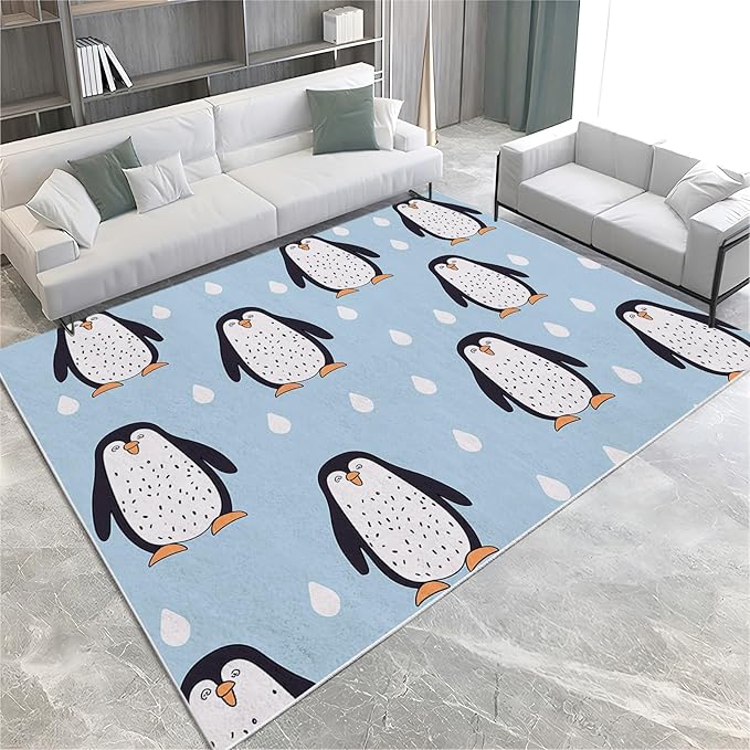 Washable Area Rug 5x8 ft Cartoon Penguin Scandinavian Style Area Rug for Living Room, Soft Low Pile Rugs, Non-Slip Carpet, Home Decor Floor Rug for Bedroom Dining Room Kitchen