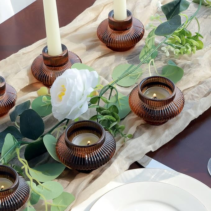 VOHO Brown Candlestick Holders Set of 6, Old Fashioned Candle Sticks Holder Decor for Daily Room/Halloween/Thanksgiving Party, Double Side Taper Candle Holders for Candlesticks/Tealight Candles(Brown)