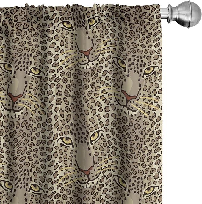 Ambesonne Leopard Print Curtains, Repetitive Cartoon Leo Wild Big Cat Faces in Natural Earthy Tones, Window Treatments 2 Panel Set for Living Room Bedroom, Pair of - 28" x 95", Tan