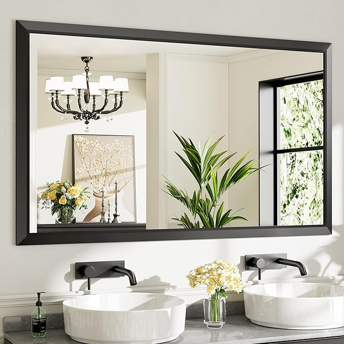 60x36 Inch Black Bathroom Mirror for Wall, Thick Metal Framed Rectangle Mirrors for Over Sink, Bedroom, Living Room, Entryway, Anti-Rust, HD Tempered Glass