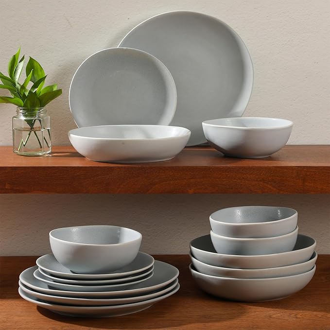 Gibson Elite Zion Mist 16 Piece Stoneware Reactive Glaze (Service for 4) Ceramic Plates and Bowls Modern Organic Dinnerware Set - Blue