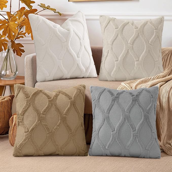 decorUhome Set of 4 Throw Pillow Covers 16x16 Inch, Neutral Decorative Soft Plush Faux Wool Couch Pillow Covers, Farmhouse Pillow Cases for Living Room Bed Sofa (Cream/Khaki)