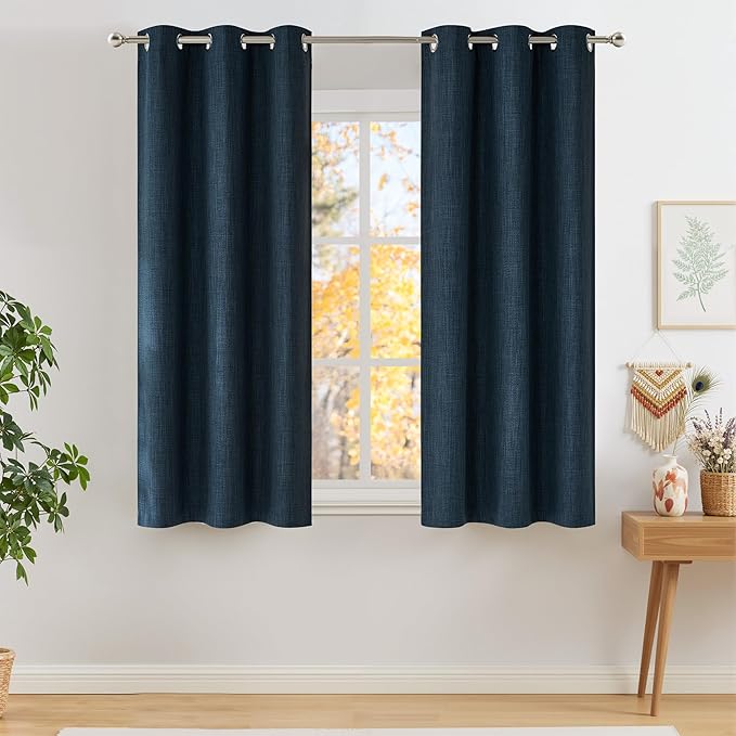 NICETOWN Short Faux Linen Navy Blue Blackout Curtains 63 inches Long for Kitchen - Privacy Panels for Living Room Bedroom, Modern Farmhouse Style Easy Care Grommet Top, 2 Panels, W42 by L63