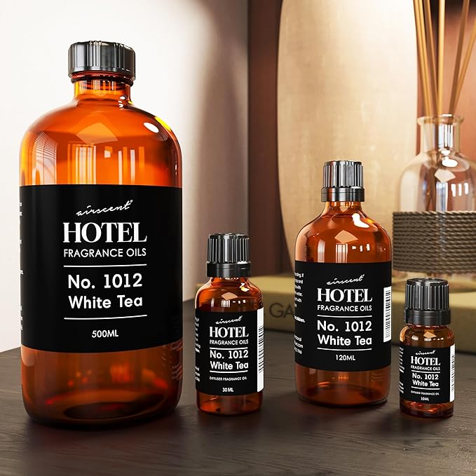 AirScent Hotel Diffuser Oil No. 1012 Inspired by The White Tea Hotel Scent - Premium Fragrance Oil for Ultrasonic and Waterless Diffusers and Crafting - 500 mL, 16.9 fl oz Glass Bottle
