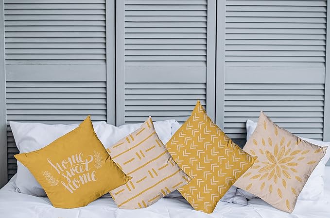 Ambesonne Modern Throw Pillow Cushion Case Pack of 4, Scandinavian Minimal Ornaments Boho Feather Leaves and Home Phrase, Modern Accent Double-Sided Digital Printing, 24", Pale Tan and Earth Yellow