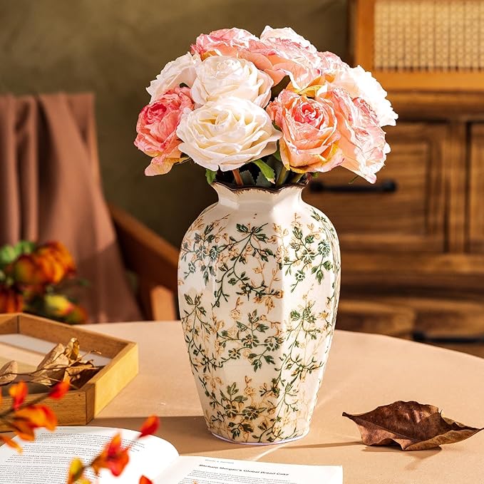 Vintage Pastoral Octagonal Vase, Green and Beige Retro Ceramic Flower Vase, Rustic Farmhouse Vases Chinoiserie Floral Large Vase for Home Decor, Living Room, Kitchen, Bedroom and Shelf 9.1 Inch