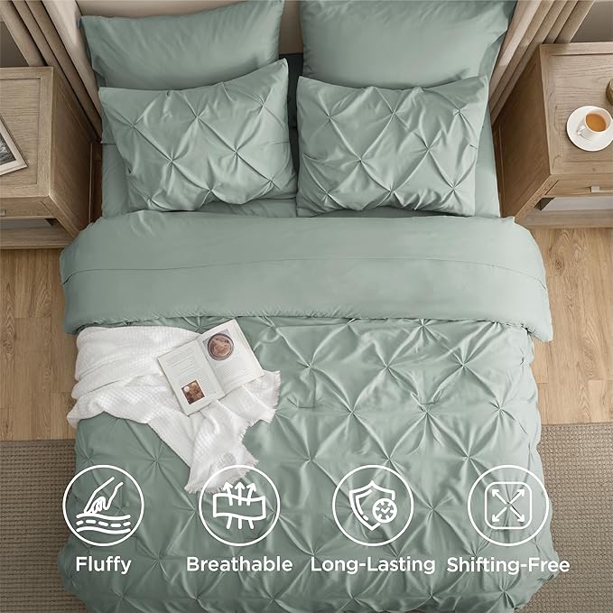Bedsure Queen Comforter Set Sage Green - Bed in a Bag Queen Size Bedding 7 Pieces, GentleSoft™ Pintuck Bed Set Gift for Family, Pinch Pleat All Season Comforter with Sheets, Pillowcases & Shams