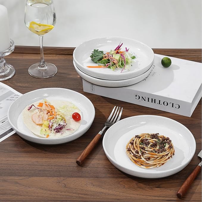 8-Inch Stoneware Dinner Plates - 4 Piece Ceramic Plates for Pasta, Salad, or Appetizers - Microwave and Dishwasher Safe, Plates Set for Casual Dining or Formal Gatherings,White(Grey Bottom)