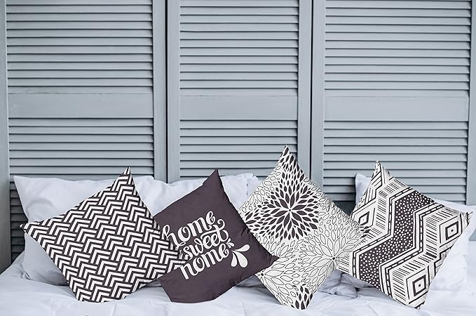 Ambesonne Geometric Throw Pillow Cushion Case Pack of 4, Home Phrase Minimal Zigzag Squama Dahlia Flower Petals Chevron Tribal, Modern Accent Double-Sided Digital Printing, 16", Dark Mauve and White