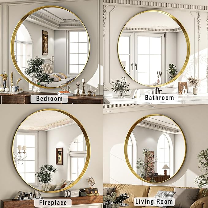 36 inch Round Bathroom Mirror, Gold Metal Deep Frame Wall Mounted Circle Mirror for Wall Decor, Living Room, Vanity, Entryway, Hanging or Leaning