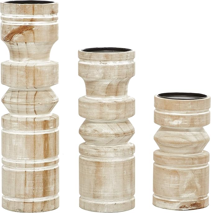Deco 79 Wood Pillar Candle Holder with White Wash Finish, Set of 3 14", 11", 8"H, Brown