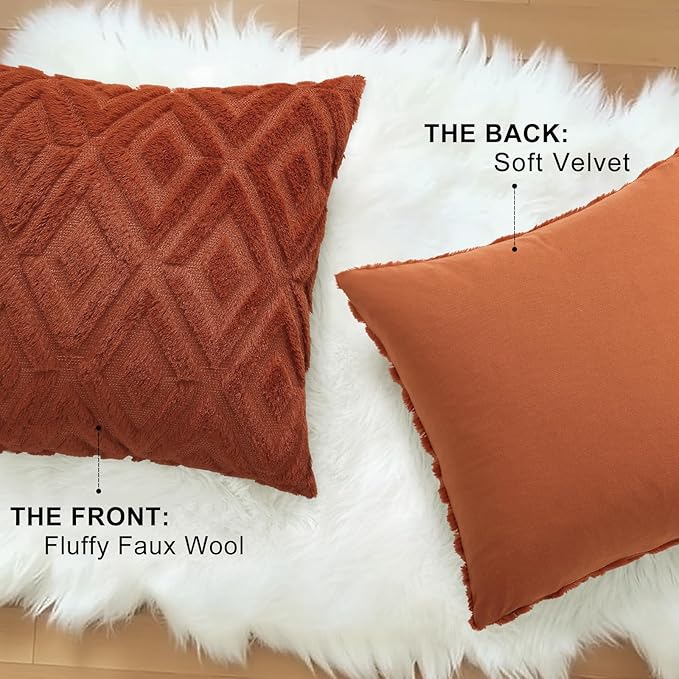 decorUhome Fall Couch Throw Pillow Covers 18x18 Set of 2, Decorative Soft Plush Faux Wool Neutral Accent Pillow Covers for Bed Sofa Living Room, Rust