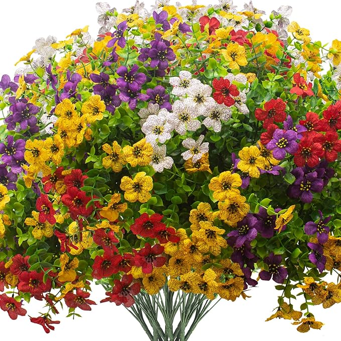 Artificial Fake Plants Flowers for Outdoor Spring Decoration, 16 Bundles Faux Silk Colorful Daisy UV Resistant Realistic for Outside Porch Patio Home Yard Garden Planters Pots Window Box(Mix)