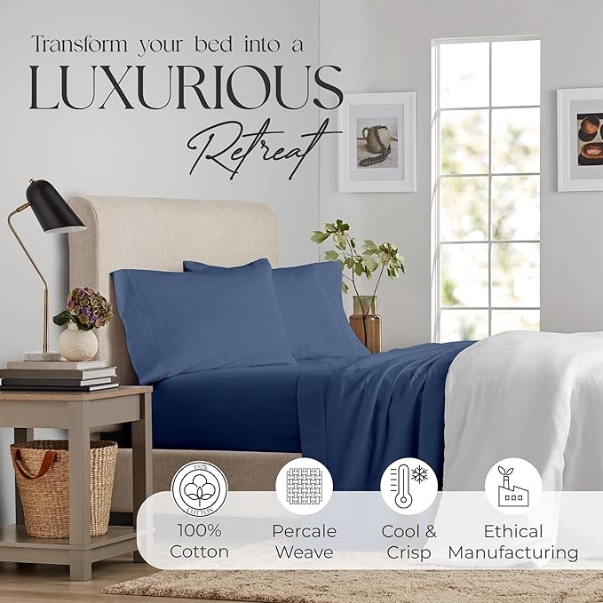 SUPREME ELEGANCE King Size Sheets Set –Natural 100% Cotton Percale Sheets King Bed Set, Oeko-tex Made in Green Sustainable, Breathable Cooling Deep Pocket Sheet, Crisp Luxury Bedding, Dark Blue