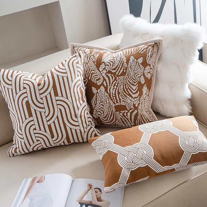 Premium Throw Pillow Covers 18x18 Inches - Framed Tawny Birch Zebra Chenille Jacquard Embroidery Decorative Couch Pillow Covers for Living Room Bedroom Sofa Home Décor