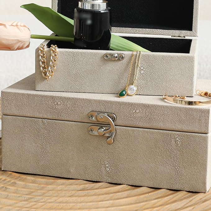 Faux Shagreen Leather Decorative Storage Boxes Set of 2, Ivory
