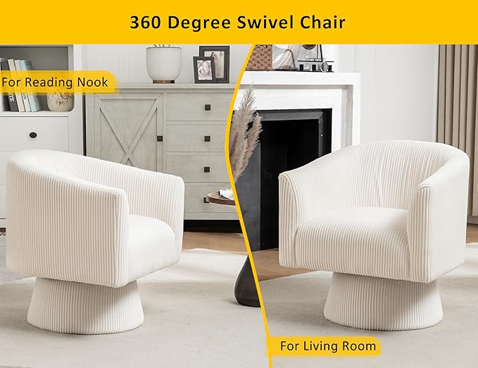 Swivel Accent Chair, Modern 360° Barrel Chair, Corduroy Upholstered Single Sofa for Living Room, Bedroom(Beige)