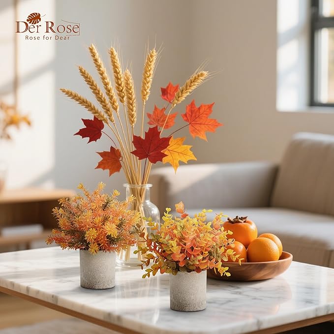 Der Rose 3 Pack Fall Mini Potted Fake Plants Artificial Plastic Eucalyptus Plants Topiaries Fall Decorations for Home Office Desk Farmhouse Room Bathroom Fall Decor