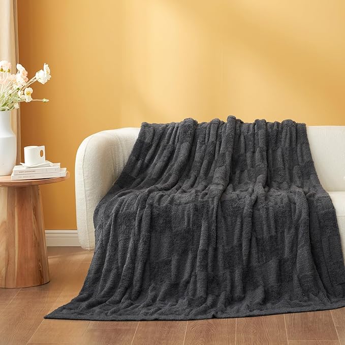 Snuggle Sac Faux Fur Checkered Blanket Twin Size with Soft Knitted Microfiber Fabric,Cozy Soft Warm Blanket for Sofa Bedroom Living Room,Solid Dark Grey,60x80 inches