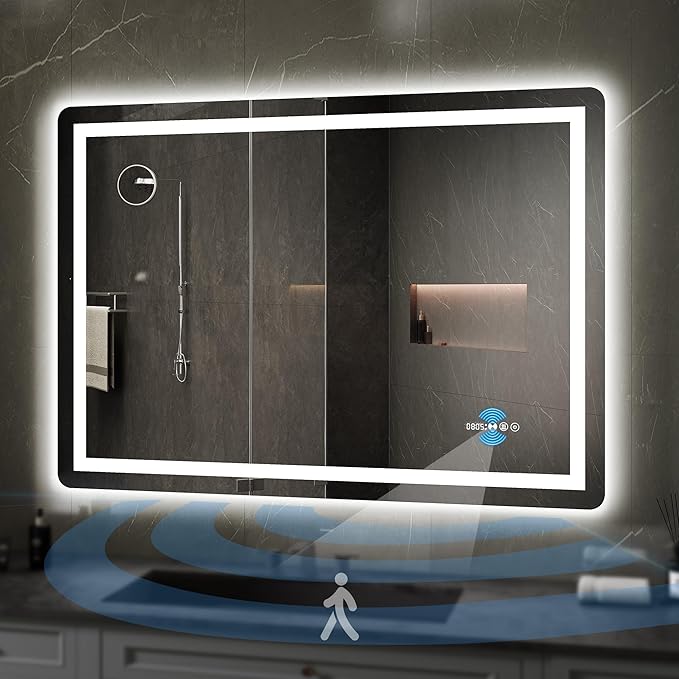 YITAHOME 48 x 32 Inches LED Bathroom Mirror, Front Light and Backlit, Motion Sensor, 10X Magnifying Glass, 3 Colors Dimmable, 5mm Tempered Glass, Anti-Fog, Wall Mounted Mirror-Horizontally Only