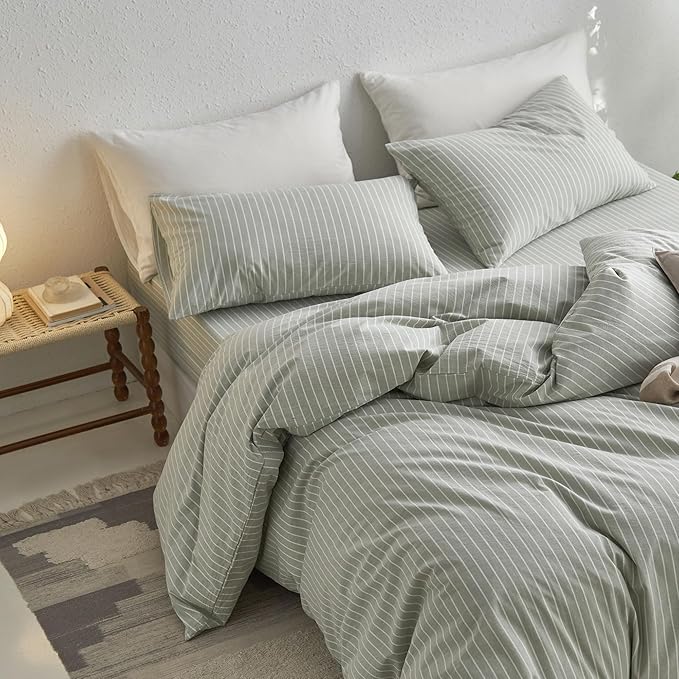 MooMee Striped Duvet Cover Set 100% Washed Cotton Linen Like Textured Breathable Durable Soft Comfy (Sage Green White Wide Stripes, Oversized Queen 98"x98")