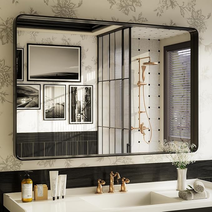 ISKM Black Bathroom Mirror for Wall 48" x 32" Matte Black Framed Vanity Mirror Anti-Rust Tempered Glass Hangs Horizontal or Vertical